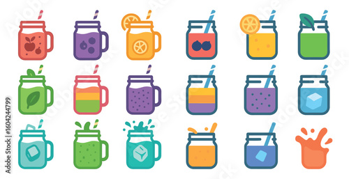 Healthy smoothie flat icons set – vibrant fruit, drink, and juice symbols