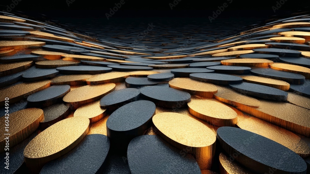 Obraz premium Elegant Dark Golden and Black 3D Abstract Design Featuring Metallic Patterns and Geometric Textures