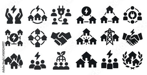 Energy and power solid icons set – filled, electricity, renewable energy symbols