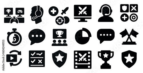 Gaming and esports solid icons set – badge, trophy, digital and online symbols