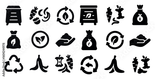 Sustainable composting solid icons set – filled, recycling, eco-friendly symbols