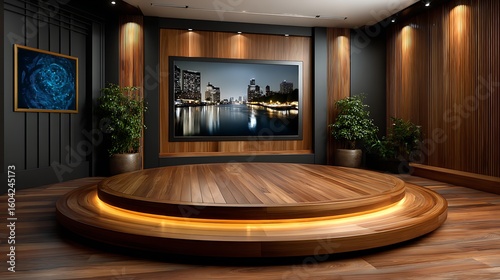 Modern studio set with circular stage and cityscape backdrop