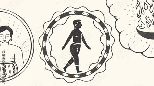 Illustration showing three circular designs featuring a person, a walking figure, and flames of fire silhouette