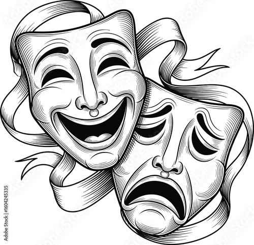 Theater mask vector | Comedy and tragedy, comic and tragic, happy, unhappy, and sad traditional symbol of drama mask illustration on transparent background.