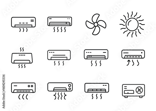A minimal black and white line icon collection featuring various air conditioning units, ventilation fans, heating and cooling modes, and HVAC control symbols. Ideal for UI design, smart home interfac
