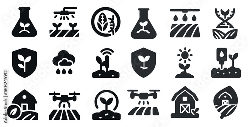 Agriculture and farming solid icons set – filled, outline, crop and harvest symbols