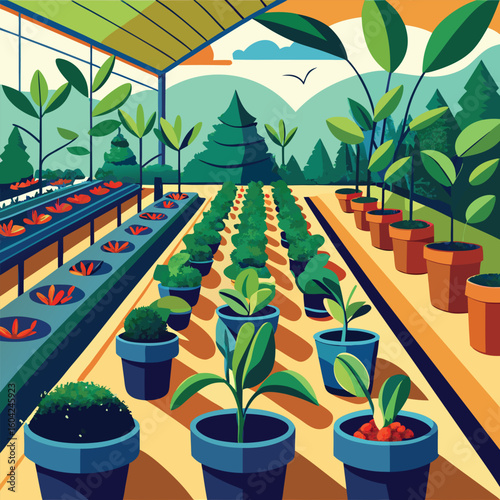 Greenhouse plants growing in pots and trays seedlings saplings