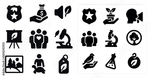 Environment and ecology solid icons set – filled, conservation, nature symbols