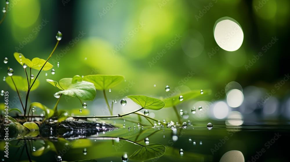 Obraz premium Gros plan sur un point d'eau avec de la végétation. Goutte d'eau sur une flaque, un lac, une marre. Avec des feuilles, branches. Arrière-plan bokeh de la nature. 
