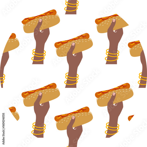 Dark Skin female hand Hold Hot Dog with sausage and Sesame bun Repeating Pattern on Circle Backdrop