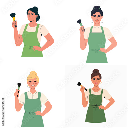 Four Diverse Women in Sage Green Aprons Holding Makeup Brushes Against White Backgrounds Individual Portraits