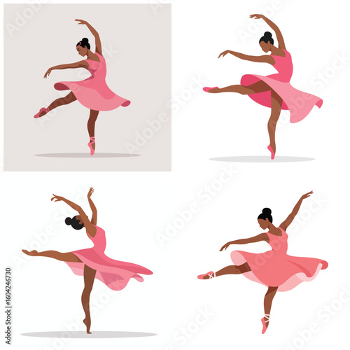 Four Illustrations of a Black Ballerina in a Pink Tulle Dress Performing Different Ballet Poses on a White Background