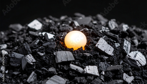 Glowing ember in a pile of ashes, symbol of hidden energy or comeback