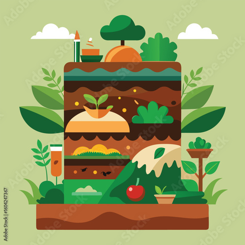 Layered soil cross section with plants and clouds composting soil layers