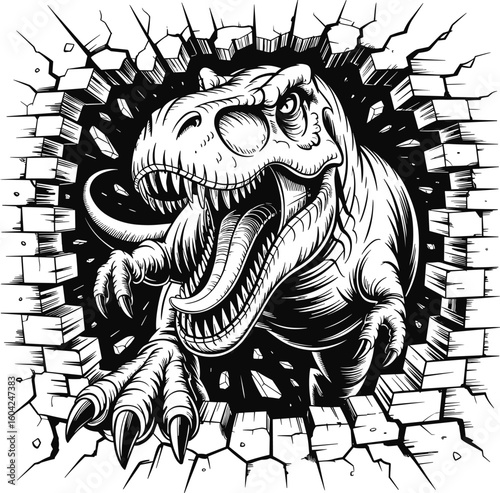 Angry T. rex Dinosaur Crashing Through Brick Wall – Transparent Background Vector Illustration for Prehistoric, Jurassic, and Animal Themes