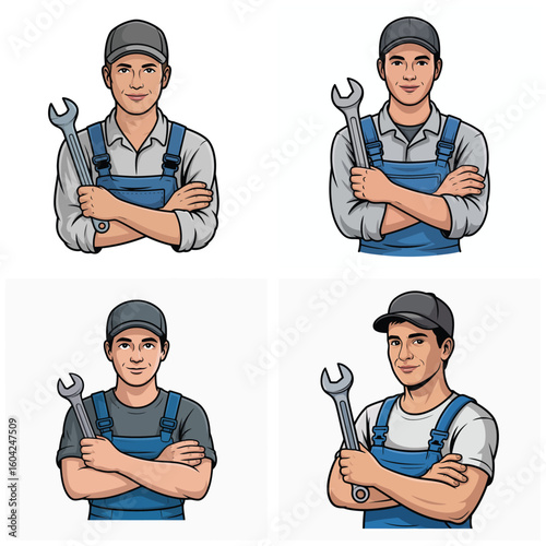 Four Illustrations of a Smiling Mechanic Holding a Wrench Arms Crossed Wearing a Gray Shirt and Blue Overalls Dark Gray Baseball Cap