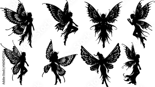 vector silhouette of a fairy tale fairy with wings tattoo on a white background