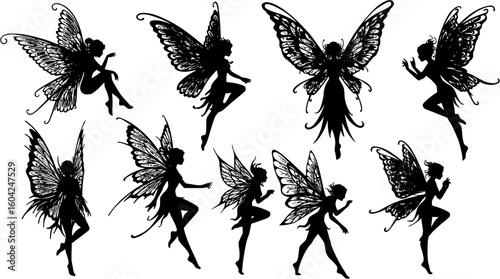 vector silhouette of a fairy tale fairy with wings tattoo on a white background