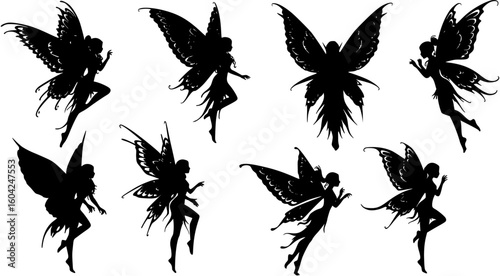 vector silhouette of a fairy tale fairy with wings tattoo on a white background