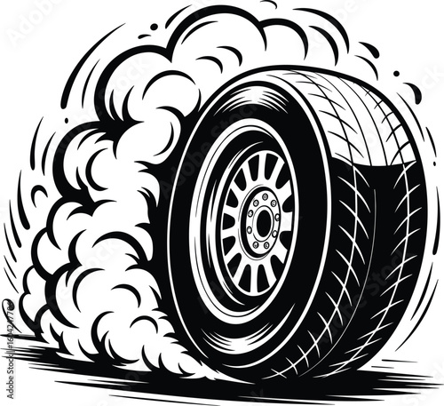 Drifting burnout car tire with motion lines, smoke and speed effect with black and white high-speed spinning car wheel racing vector illustration on transparent background.