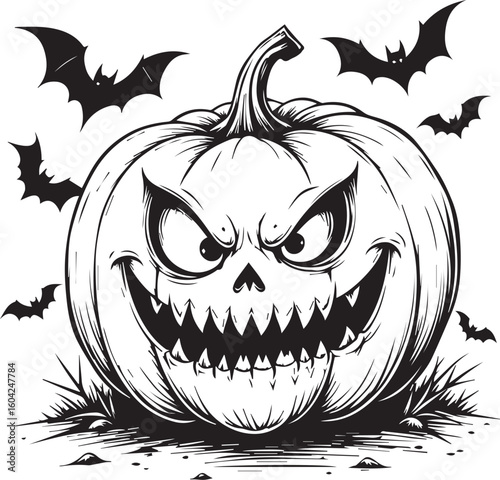 Sinister Pumpkin's Spooky Grin: This artistic monochrome portrayal of Halloween spirit conjures a playful yet chilling atmosphere with its grinning jack-o'-lantern, framed by silhouettes of bats.