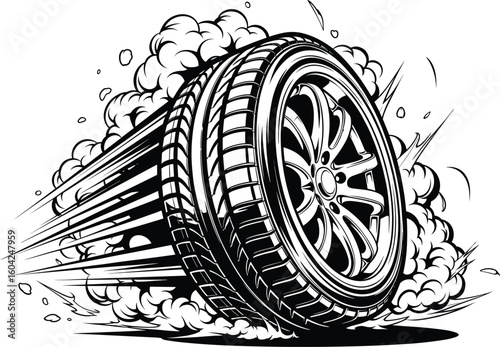 Drifting burnout car tire with motion lines, smoke and speed effect with black and white high-speed spinning car wheel racing vector illustration on transparent background.