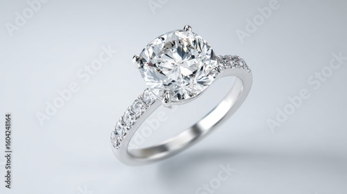 White gold ring with large sparkling diamond isolated on soft light gray gradient background, elegant luxury jewelry