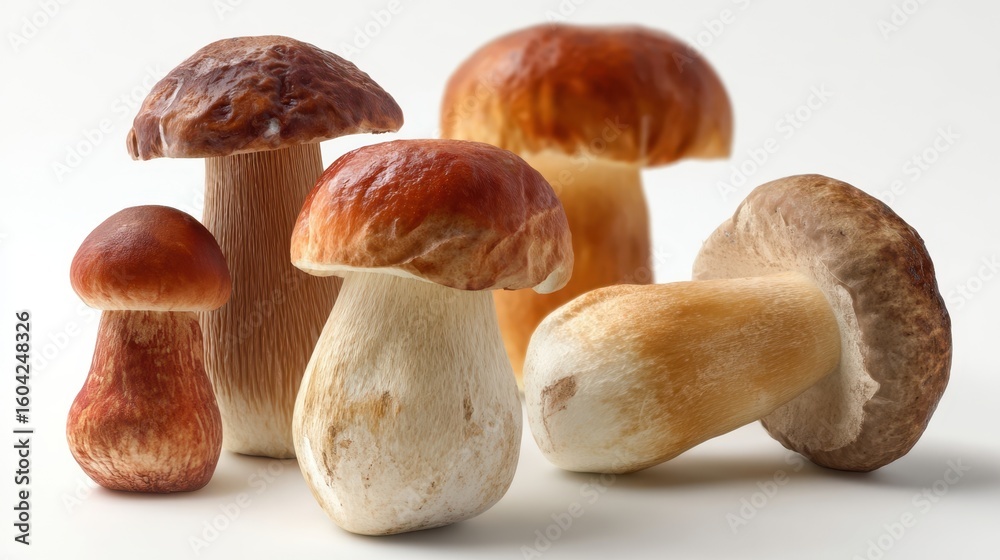Fototapeta premium The variety of gourmet mushrooms arranged on a clean white surface