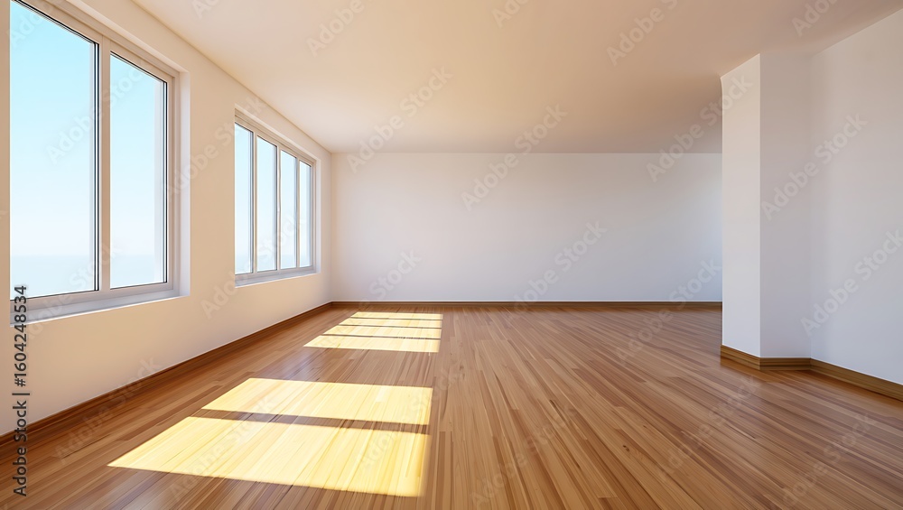 Fototapeta premium Bright Empty Room with Wooden Floor and Windows for Real Estate or Interior Design Concepts