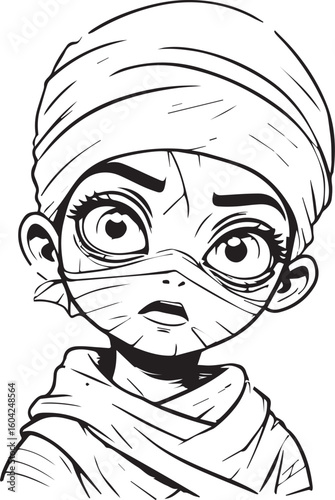 Mysterious Mummy Portrait: A black and white illustration of a person, wrapped in bandages from the ancient Egyptian era.