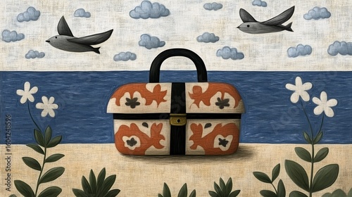 Whimsical birds and floral bag against floral sky and ocean backdrop