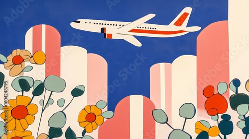 Vibrant airplane flying above colorful geometric landscape and floral design