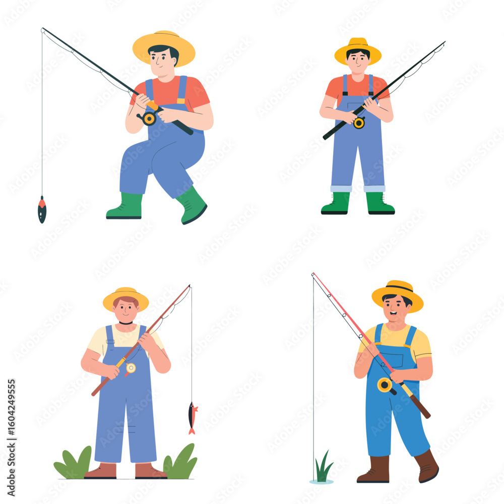 Four Illustrations of Male Fishermen Wearing Straw Hats and Blue Overalls Holding Fishing Rods Against a White Background One Fisherman is Four Illustrations of Male Fishermen Wearing Straw Hats and Blue Overalls Holding Fishing Rods Against a White Background One Fisherman is