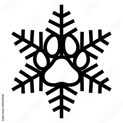Tiempo de Navidad. Logo pet friendly. Icono con líneas de copo de nieve con zarpa de perro o gato para felicitaciones y tarjetas