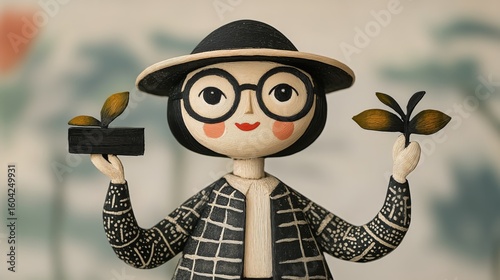 Charming handcrafted figure: smiling character with potted and handheld plant