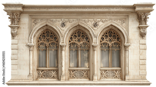 Architectural Details: Intricate architectural details such as grand windows, stone arches, and ornate carvings, isolated on a Transparent background, PNG file.