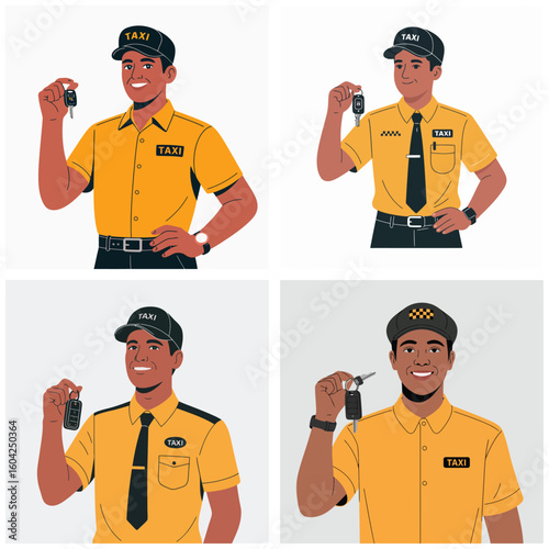 Four Illustrations of Smiling Taxi Drivers in Yellow Uniforms Holding Car Keys Against White and Gray Backgrounds
