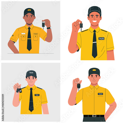 Four Illustrations of Smiling Taxi Drivers in Yellow Uniforms Holding Car Keys Against White Backgrounds