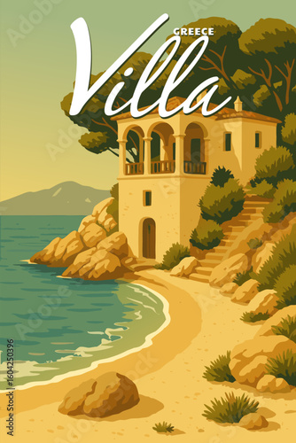 Villa Greece vintage travel poster, tropical resort villa