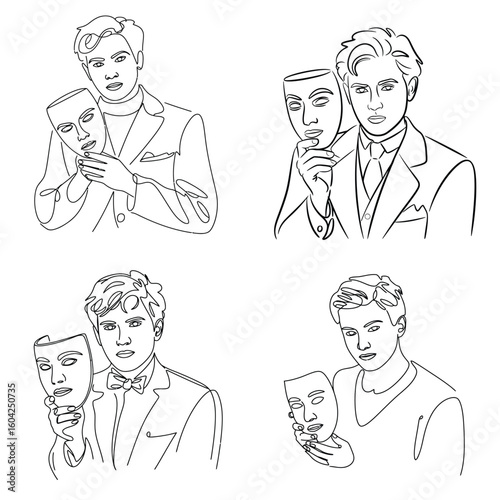 Four Line Art Drawings of Men Holding Masks Stylish Minimalist Black and White Portraits Identity Deception Concept
