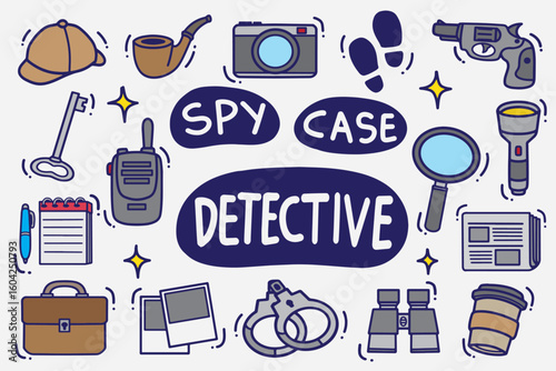 set of detective doodle with color good for background, wallpaper, element design, icon, etc