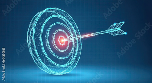 Digital arrow hitting the bullseye of a futuristic target
