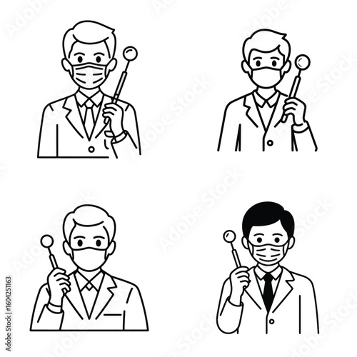 Four Line Art Illustrations of Dentists Wearing Masks Holding Tongue Depressors doctor healthcare