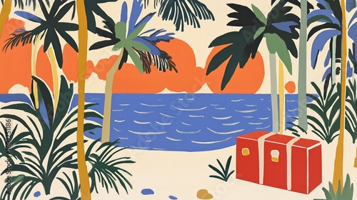 Tropical beach with palm trees and a red treasure chest at sunset in vibrant colors