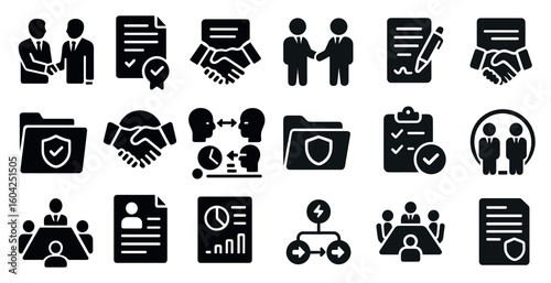 Business and cooperation solid icons set – filled, flat, teamwork and agreement symbols