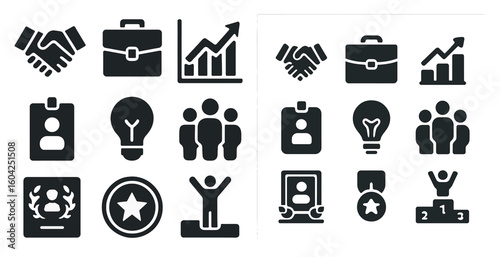 Business and finance solid icons set – silhouette, economy, success symbols