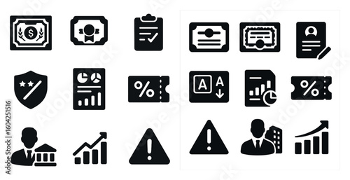Finance and business solid icons set – filled, banking, data analysis graphics