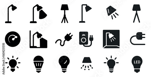 Lamp and lighting icons set – solid, outline, illumination and light symbols collection