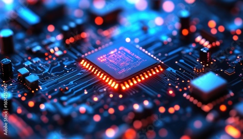 Macro View of Illuminated Blue Circuit Board with Red Hot Processor Design