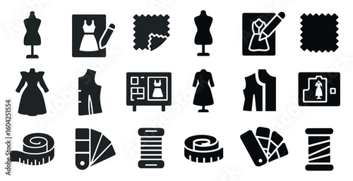 Fashion design solid icons set – flat, filled, sewing and tailoring symbols